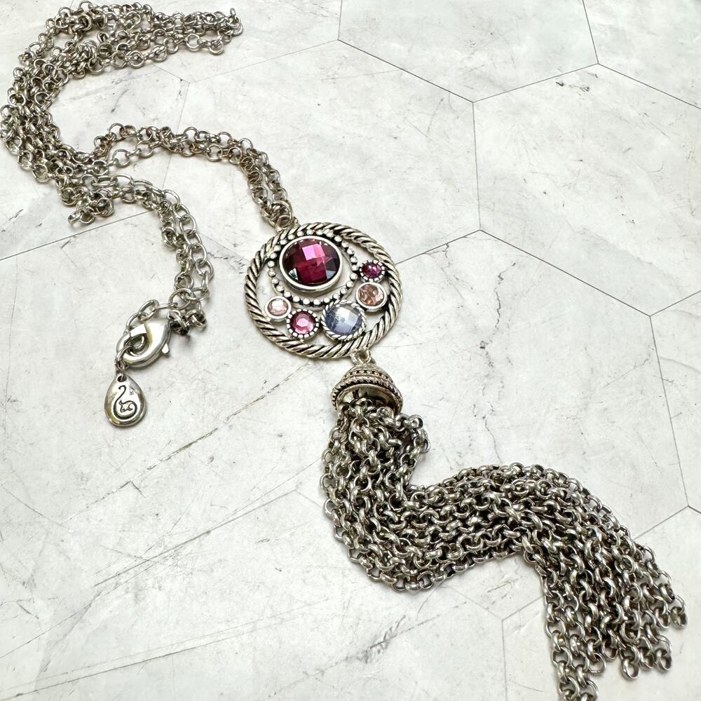 Scroll By Dillard’s Necklace Silver Tone Statement Jewel Cabochons Tassel 18"